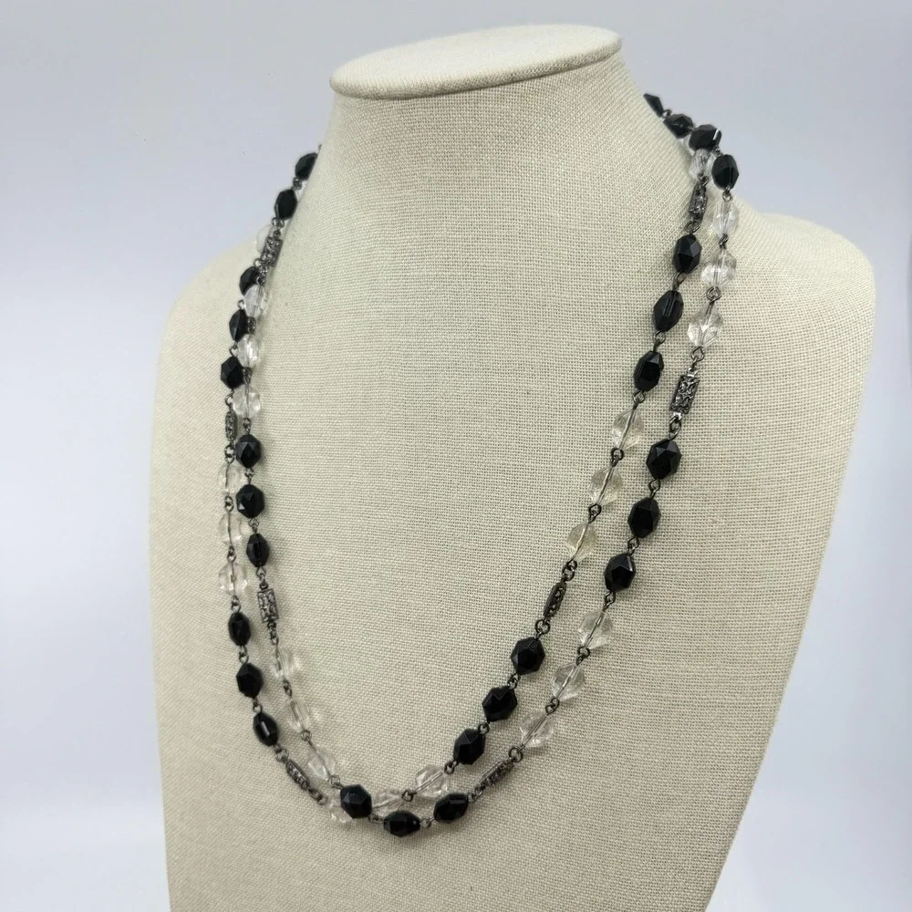 Black Clear Faceted Bead Double Strand Necklace Gunmetal Gothic Statement Gift